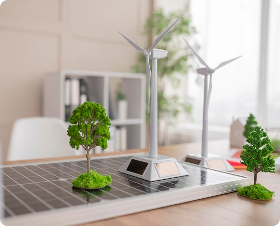Um modelo detalhado em miniatura ilustrando a infraestrutura de energia renovável, incluindo turbinas eólicas em miniatura, painéis solares e paisagismo verde para planejamento sustentável.