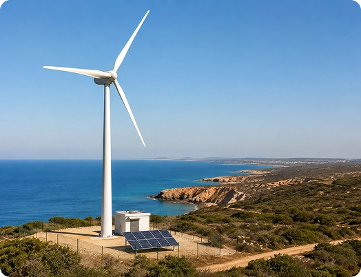 Uma moderna turbina eólica posicionada perto da costa, aproveitando a energia do vento para produzir eletricidade limpa contra um cenário oceânico pitoresco.