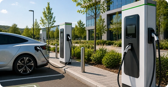 Estações de carregamento de veículos elétricos modernas que oferecem carregamento rápido e conveniente para veículos elétricos em uma área comercial paisagística.