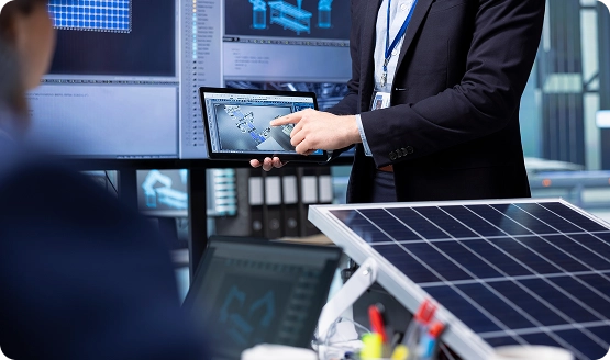 Um consultor de energia renovável explicando o design de um sistema de energia solar usando modelos digitais e software de engenharia durante uma apresentação ao cliente.