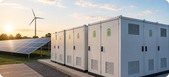 Armários de armazenamento de bateria em grande escala localizados perto de painéis solares, apoiando a gestão de energia renovável ao armazenar eletricidade para uso futuro.