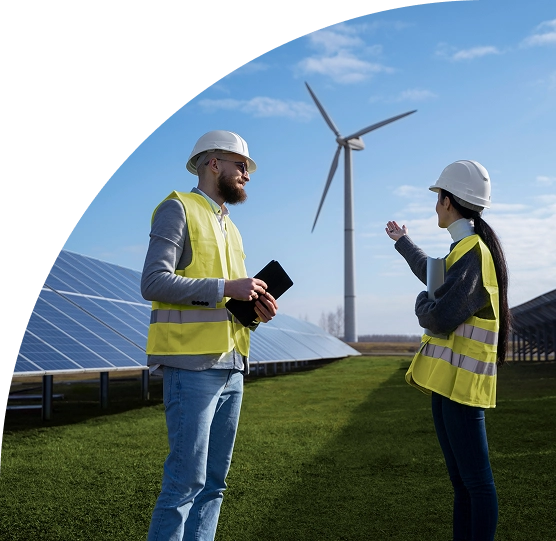 Dois engenheiros de energia renovável discutindo uma instalação de solar e eólica durante uma inspeção no local para avaliar o desempenho do projeto e a infraestrutura.