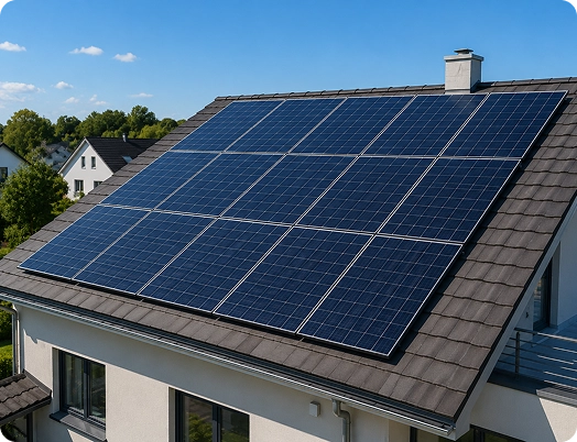 Uma casa residencial moderna equipada com um sistema de painéis solares no telhado, mostrando a geração de energia limpa e soluções de energia sustentável sob um céu azul claro.
