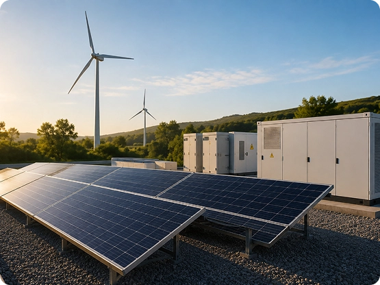 Uma instalação avançada de armazenamento de energia em bateria conectada a fontes de energia renovável, projetada para armazenar excesso de energia solar e melhorar a confiabilidade energética.